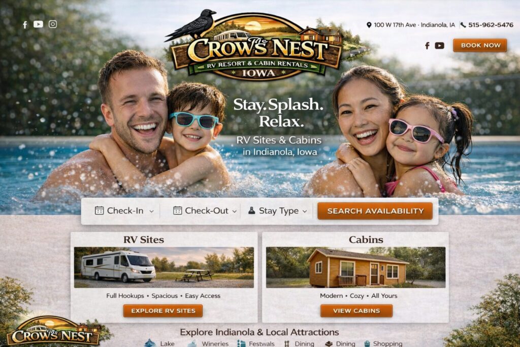 Crows Nest RV Resort & Cabin Rentals: Complete Brand & Website Transformation+iowa-web-designer ChatGPT Image Feb 25 2026 12 16 52 PM+Iowa-Web-Designer