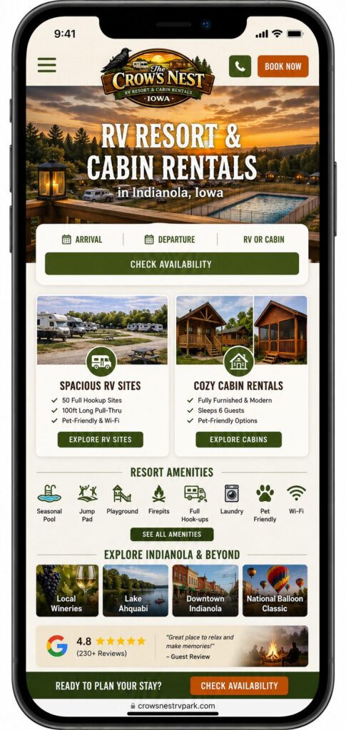 Crows Nest RV Resort & Cabin Rentals: Complete Brand & Website Transformation+iowa-web-designer CrowsNestMobile+Iowa-Web-Designer